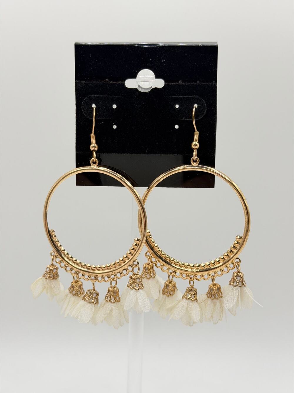 Gold Tone Floral Tassel Hoop Earrings | Boho Statement | NWOT